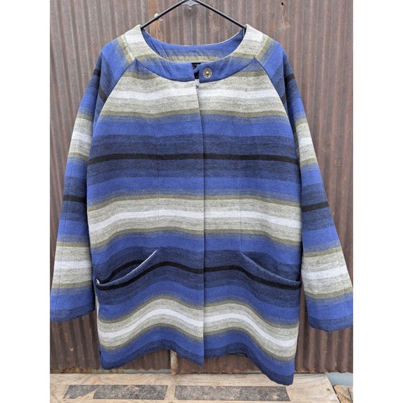 Old Navy Jackets & Blazers - Old Navy Blanket Coat‎ Women Large Blue Stripe Jacket Snap Southwest Wool Chore